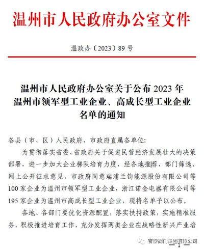 喜報：吉泰閥門集團榮獲23年溫州市高成長型工業(yè)企業(yè)